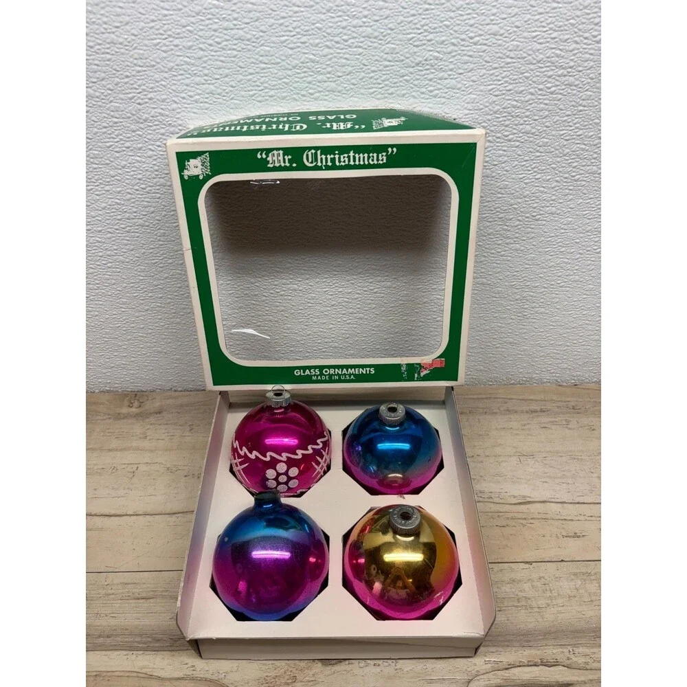 Vtg 1950-60 Set Of 4 Shiny Brite Hand Blown Glass Ball Christmas Tree Ornaments